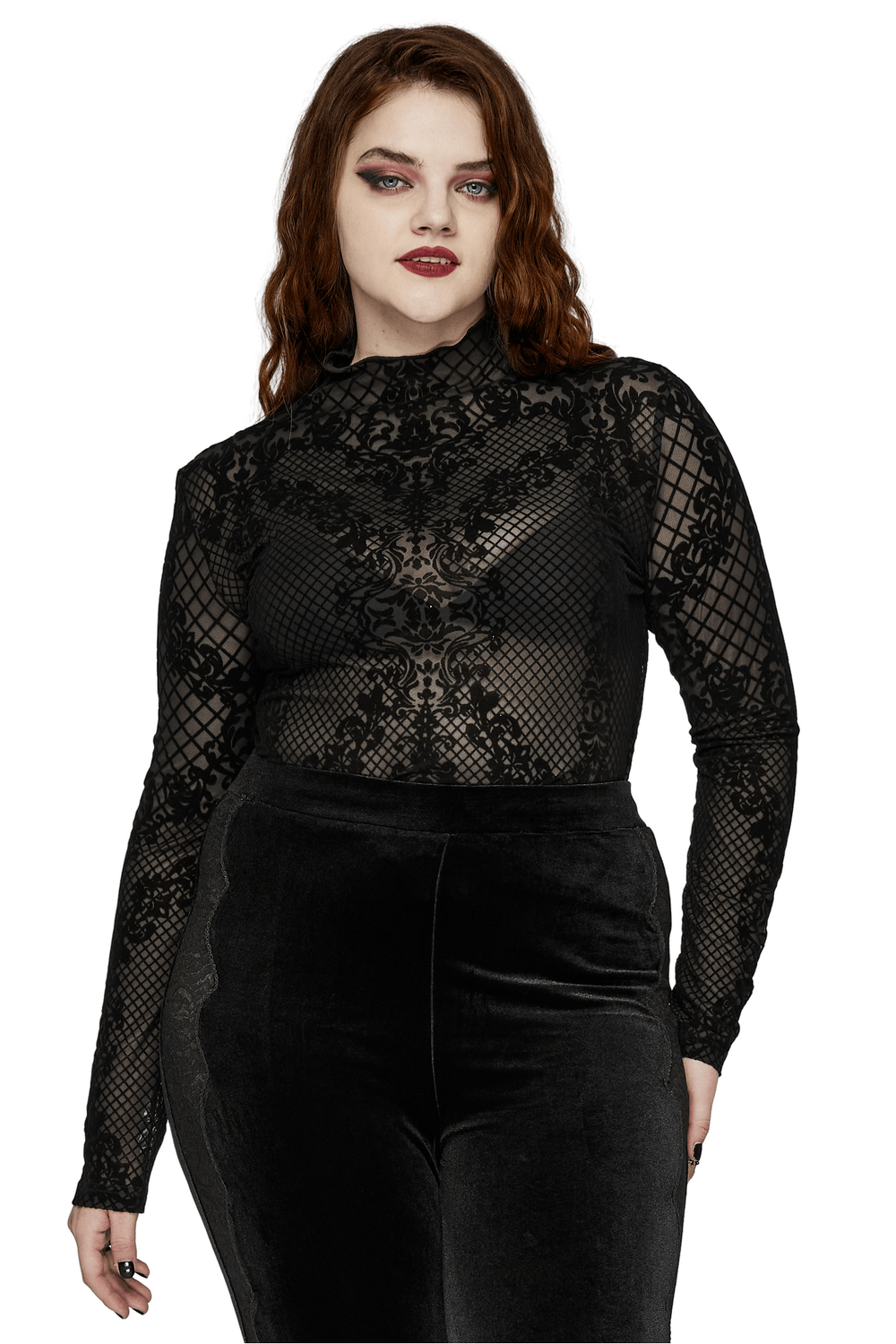 Gothic Flocked Mesh Long Sleeves High-Collar Top