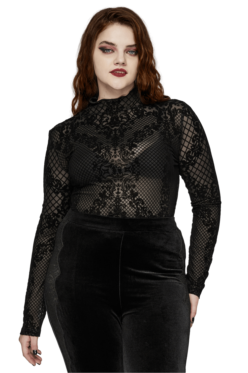 Gothic flocked mesh long sleeve top with high collar, showcasing intricate Victorian-inspired pattern.