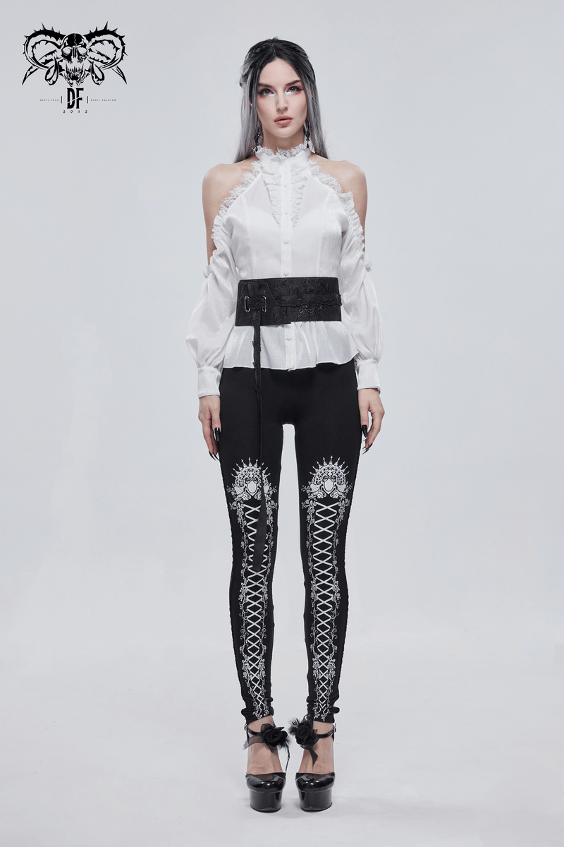 Model wearing a gothic floral adjustable black wide belt paired with stylish punk attire for women.