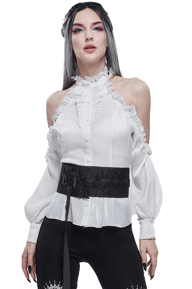 Model wearing a stylish white blouse and a Gothic floral adjustable black wide belt, showcasing punk female fashion.