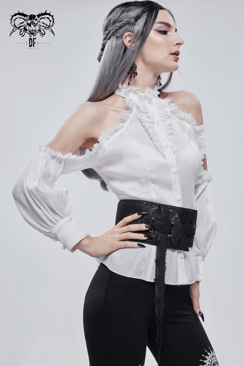 Model wearing a Gothic floral adjustable belt with a stylish white shirt, showcasing punk fashion accessories.