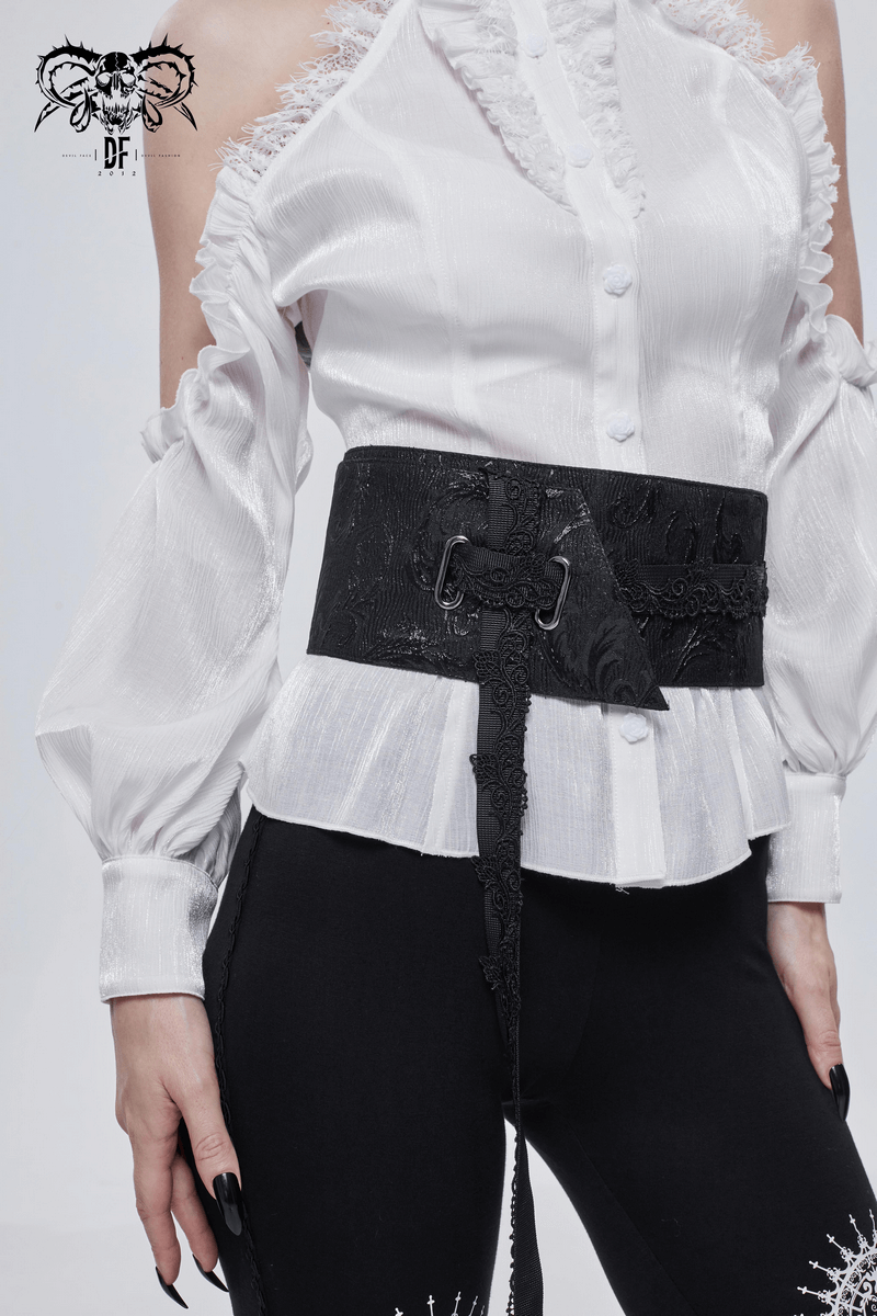 Women wearing a gothic floral adjustable black wide belt over a stylish blouse, showcasing punk fashion accessories.