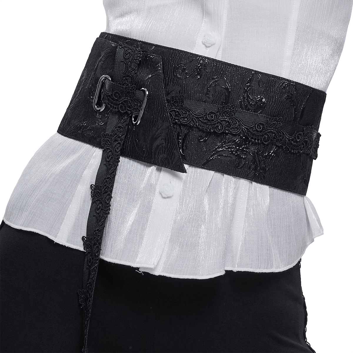 Gothic floral adjustable black wide belt for women, adding punk style flair to any outfit, detailed lace design.