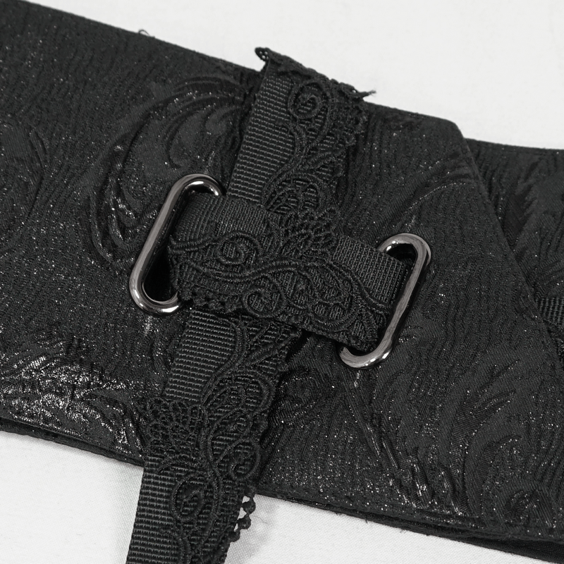 Close-up of the Gothic floral adjustable black wide belt with elegant buckle detail, perfect punk style accessory for women.
