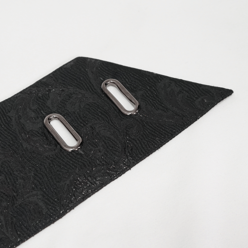 Close-up of a Gothic floral black wide belt showcasing its intricate vintage print and silver hardware details.