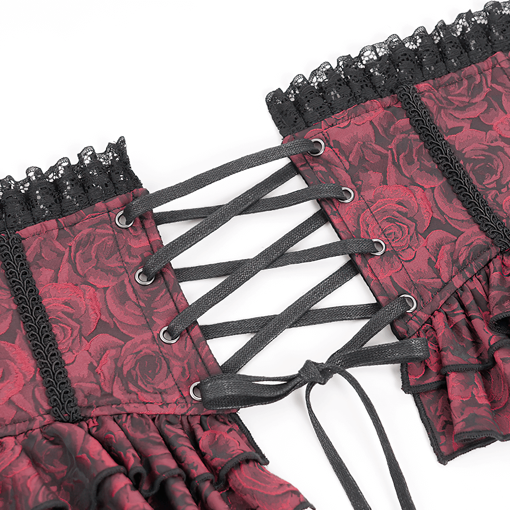 Gothic floral brocade waist corset belt with lace-up back and ruffle trim in rich red tones.