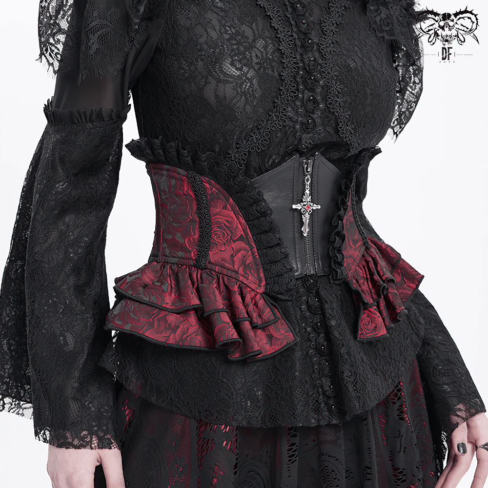 Gothic floral brocade waist corset belt with lace-up back and ruffle trim, perfect for Victorian-inspired outfits.