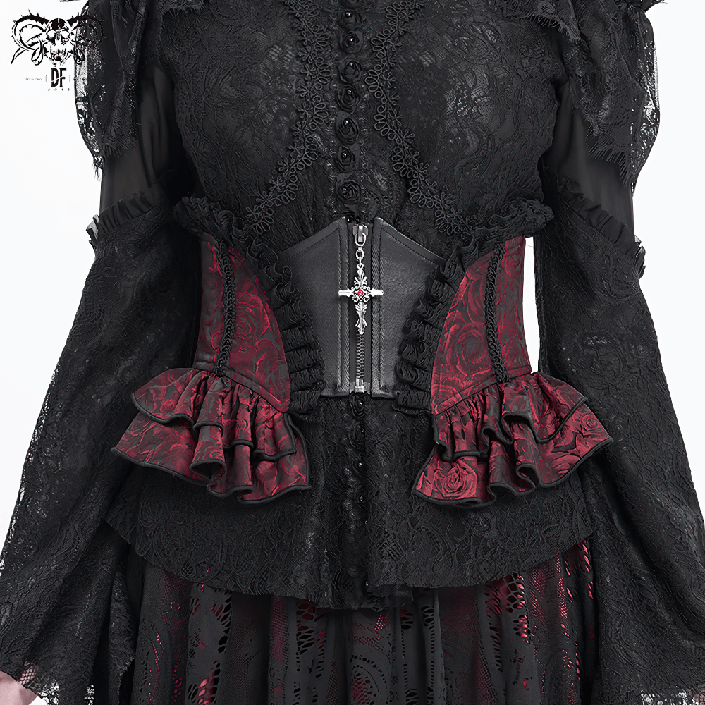 Gothic floral brocade waist corset belt with lace-up back and ruffle trim for a Victorian-inspired look.