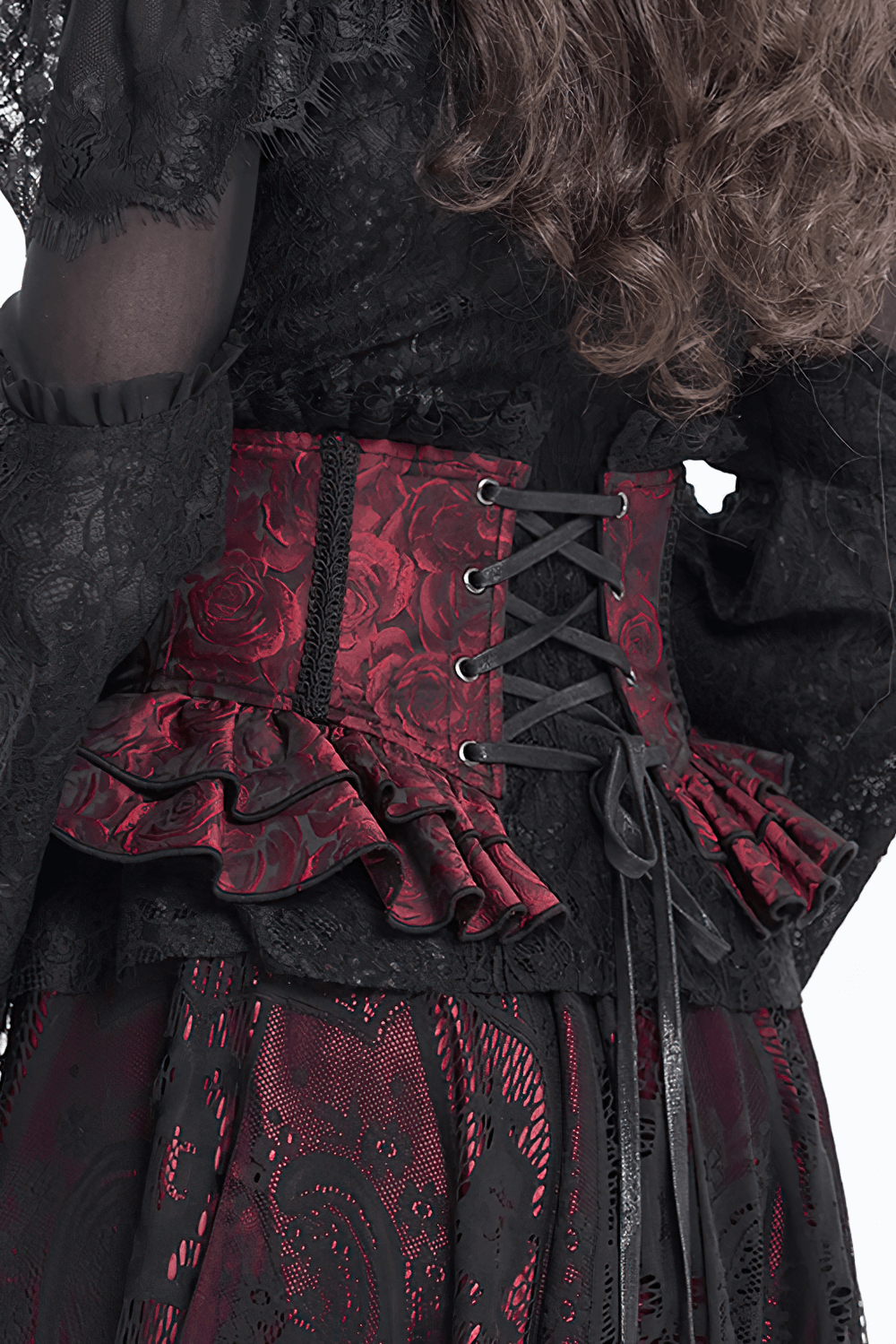 Close-up of gothic floral brocade waist corset belt with ruffles and lace-up back, perfect for Victorian styles.