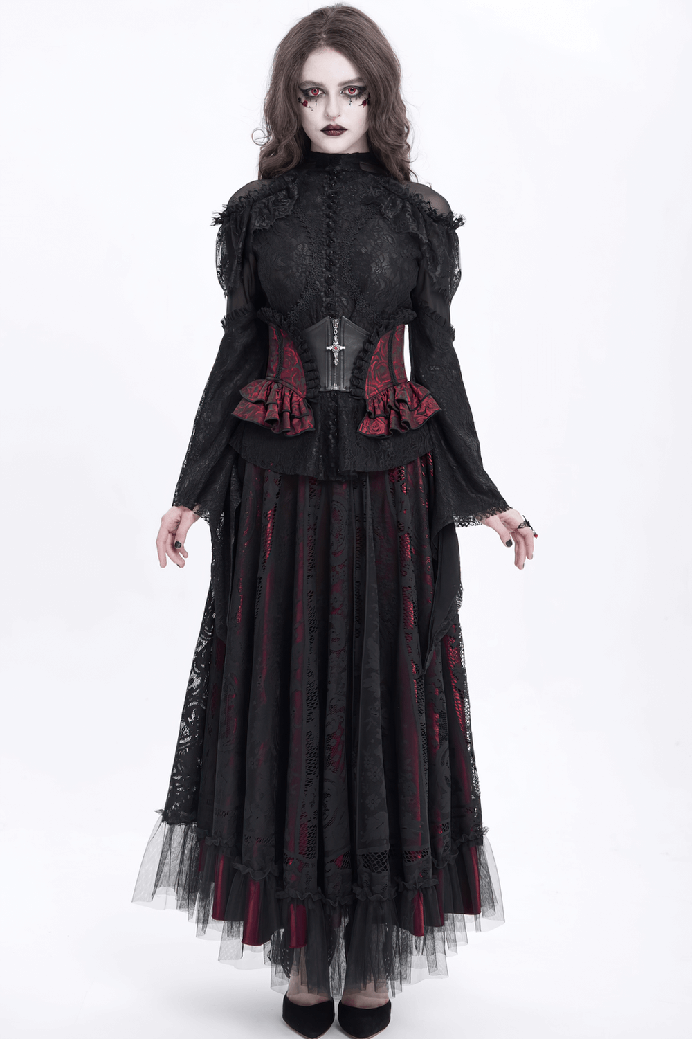 Gothic model showcasing a Victorian floral brocade corset belt with lace-up back and ruffled trim, set against a minimalist backdrop.