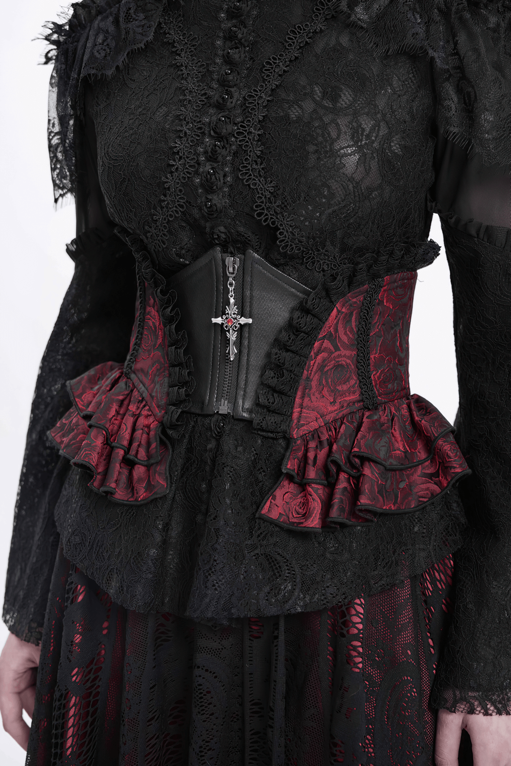 Gothic floral brocade waist corset belt with lace-up back and ruffle trim, enhancing Victorian-inspired looks.