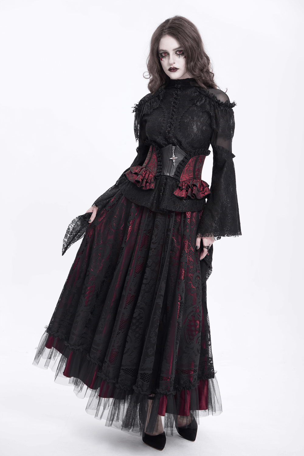 Model wearing a Gothic Floral Brocade Waist Corset Belt with lace-up back and Victorian-style black and red dress.