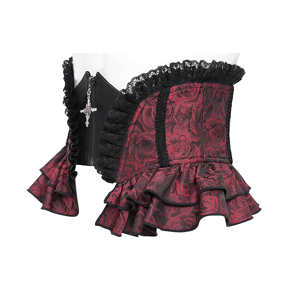 Gothic floral brocade waist corset belt with lace-up back and ruffled trim in burgundy and black.