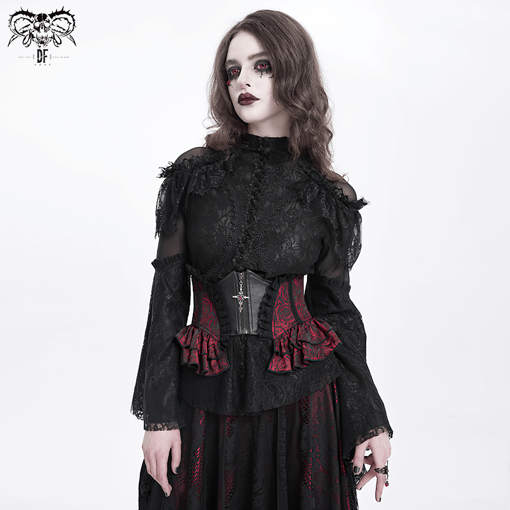 Gothic floral brocade waist corset belt with lace-up back, ruffle trim enhancing a Victorian-inspired outfit.