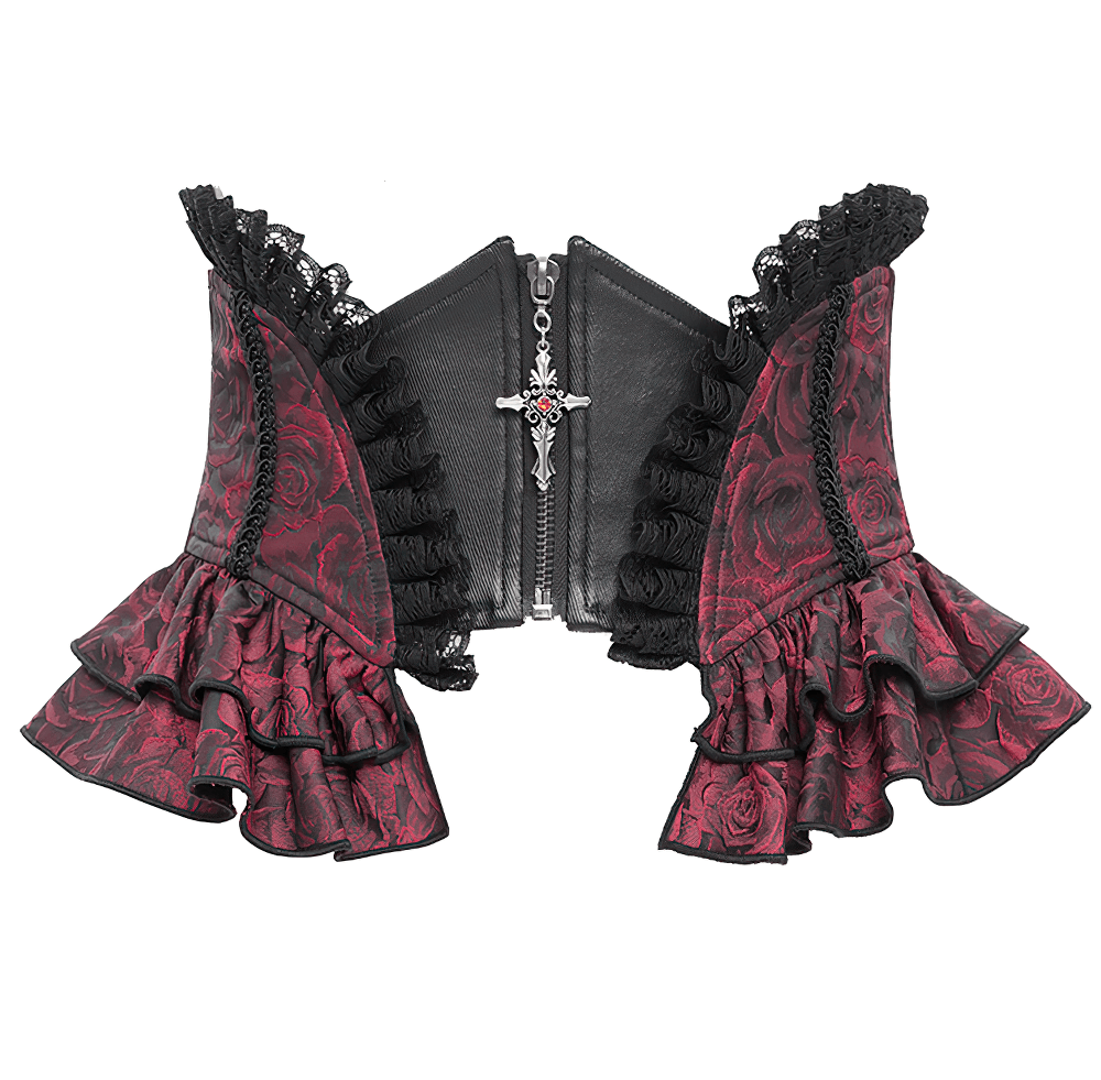 Gothic floral brocade corset belt with ruffled trim and lace-up back, featuring a delicate cross pendant.