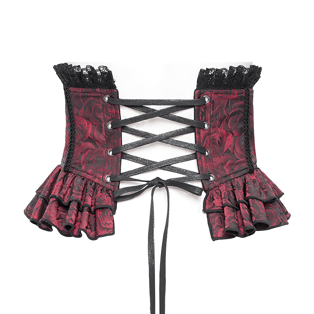 Gothic floral brocade corset belt with lace-up back and ruffle trim, perfect for Victorian-inspired fashion.