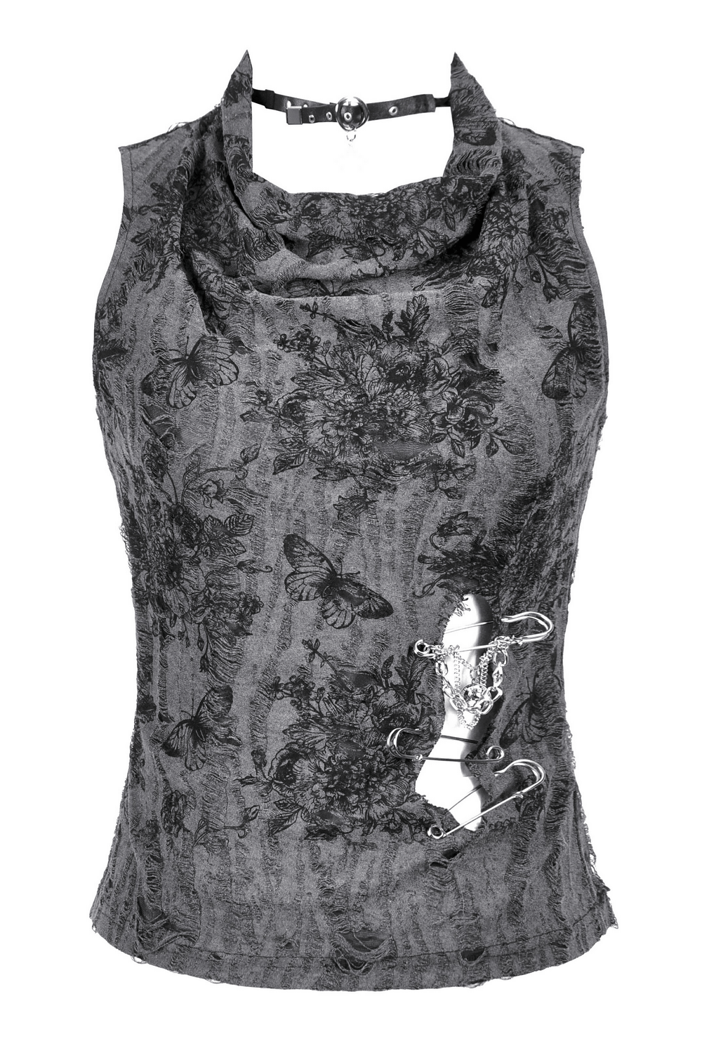 Gothic floral butterfly sleeveless top featuring chains and pins, perfect for edgy fashion lovers.