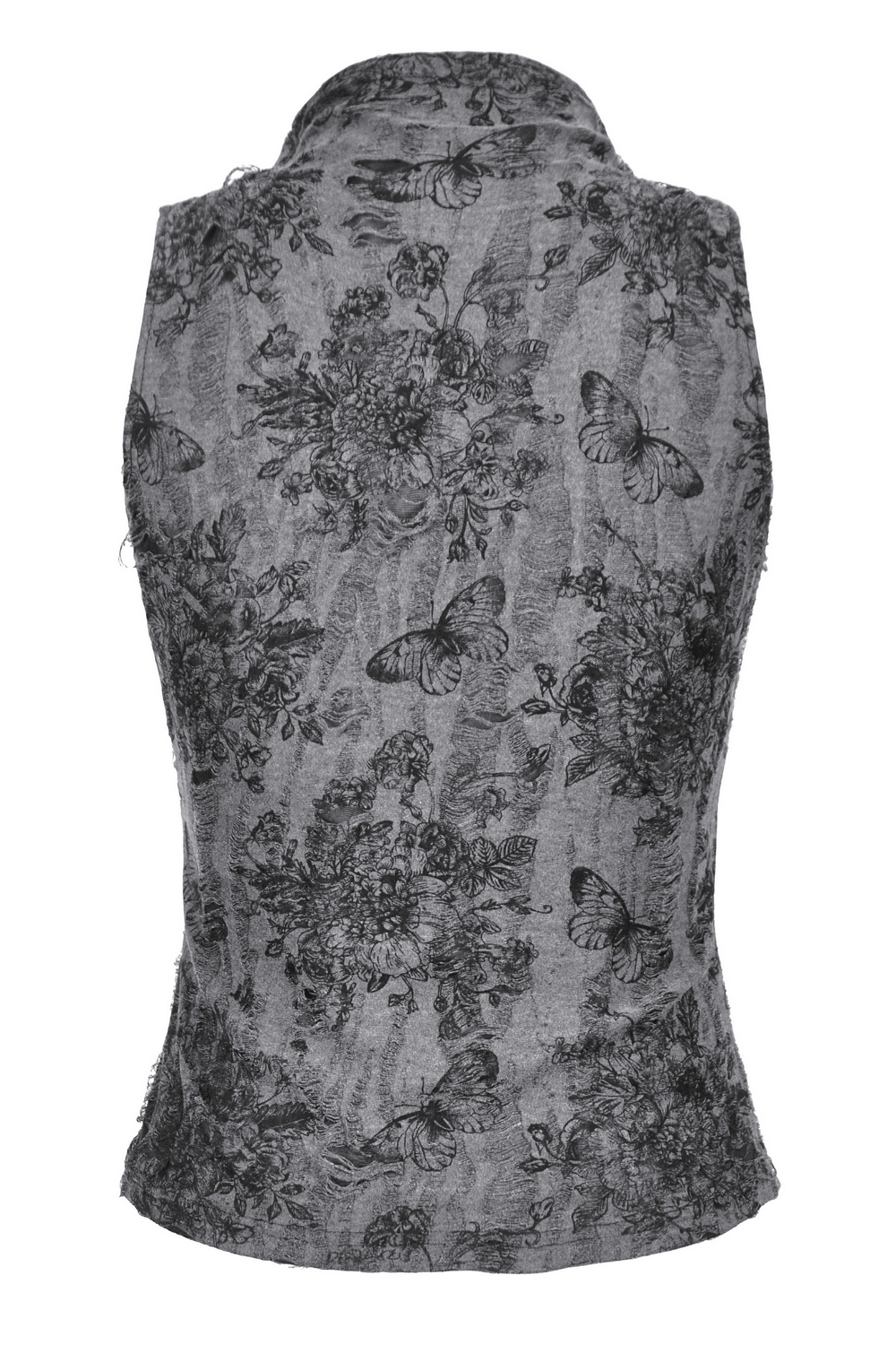 Gothic floral butterfly sleeveless top with intricate chain details and pin accents on a stylish gray background.