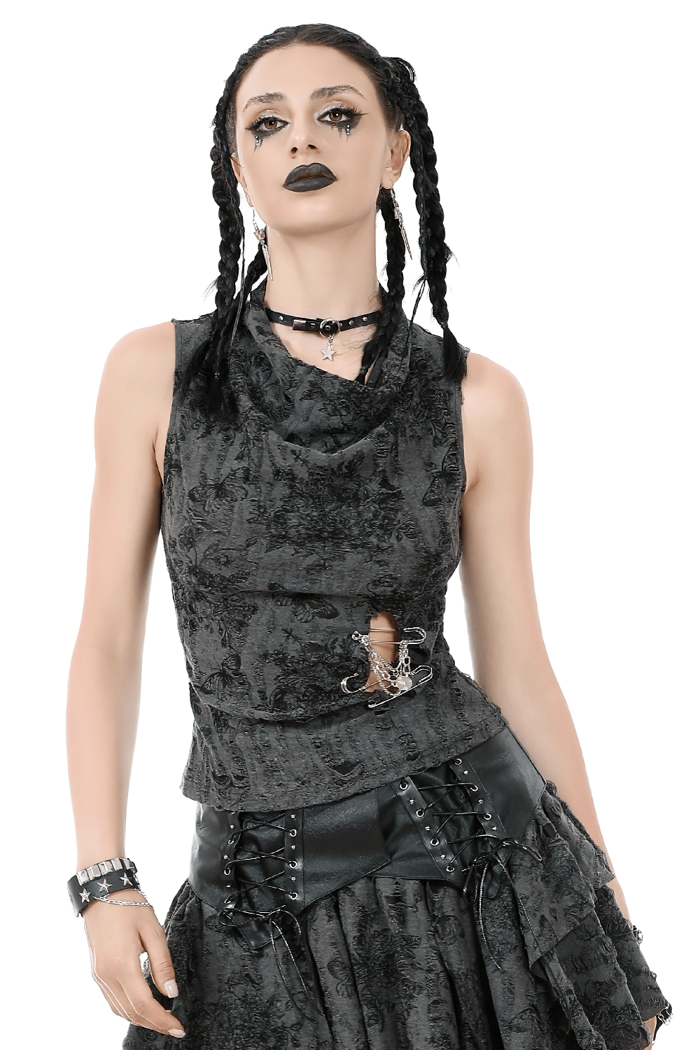 Gothic floral butterfly sleeveless top with chains, stylishly worn by a model, showcasing edgy details and dark fashion vibes.