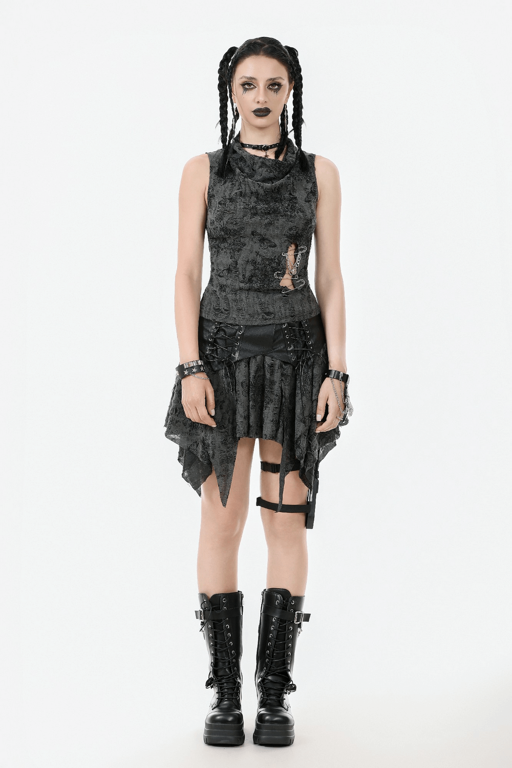 Gothic floral butterfly sleeveless top with chains, paired with edgy black skirt and combat boots.