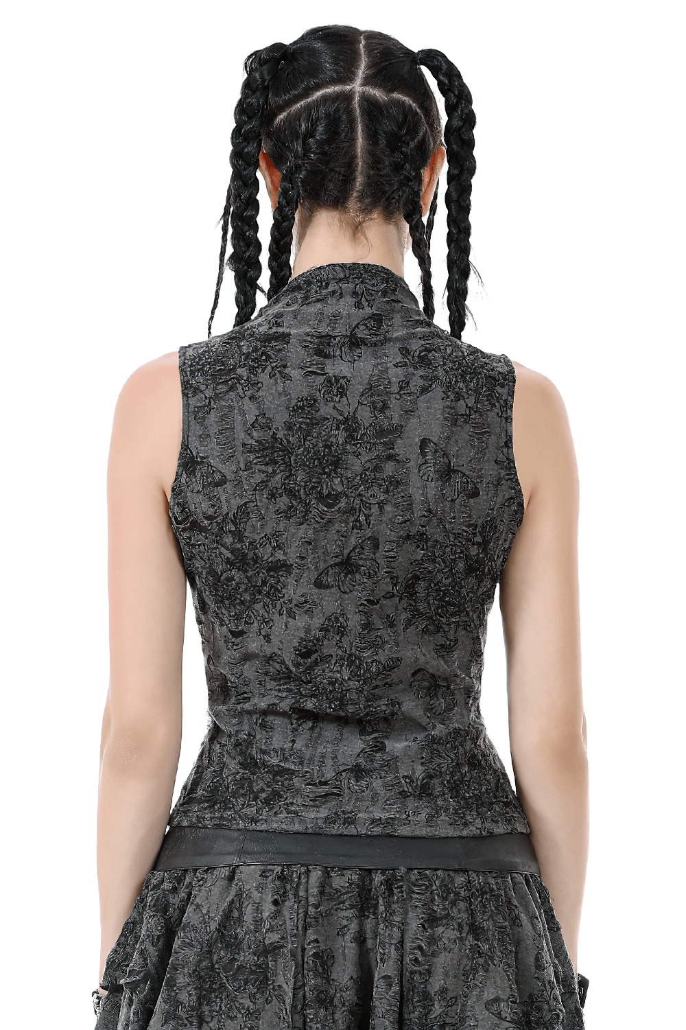Back view of a gothic floral butterfly sleeveless top featuring chains and pins, perfect for edgy fashion lovers.