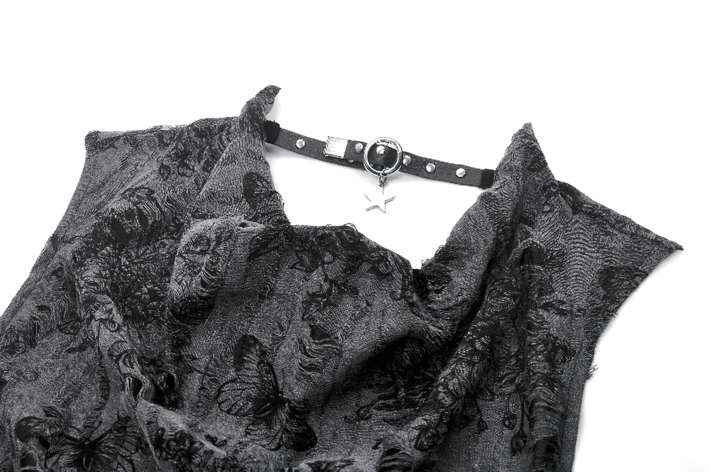 Gothic floral butterfly sleeveless top featuring chains and pins, perfect for edgy fashion lovers.