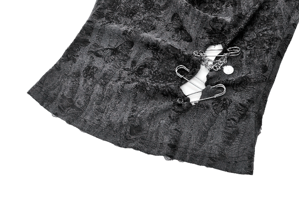 Gothic floral butterfly sleeveless top featuring chains and pins, perfect for edgy fashion enthusiasts.