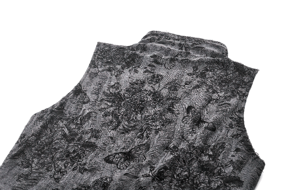 Gothic floral butterfly sleeveless top with textured fabric and intricate details in black.