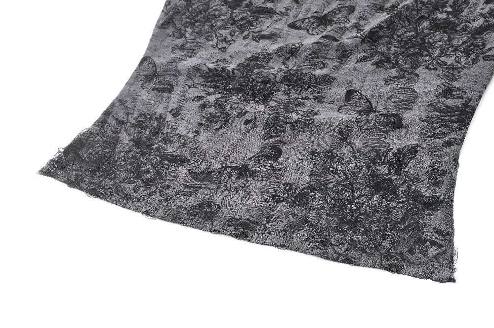 Gothic floral butterfly sleeveless top featuring intricate patterns and textures in dark hues.