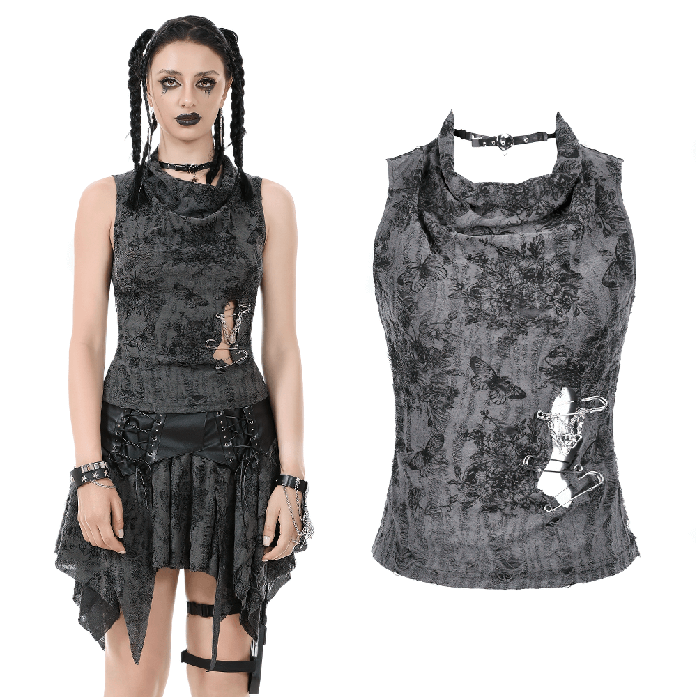 Gothic floral butterfly sleeveless top with chains and pins, perfect for edgy fashion lovers.