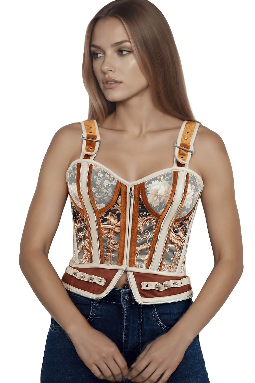 Gothic Floral Corset with Baroque Details and Modern Edge featuring rich floral prints and stylish accents.