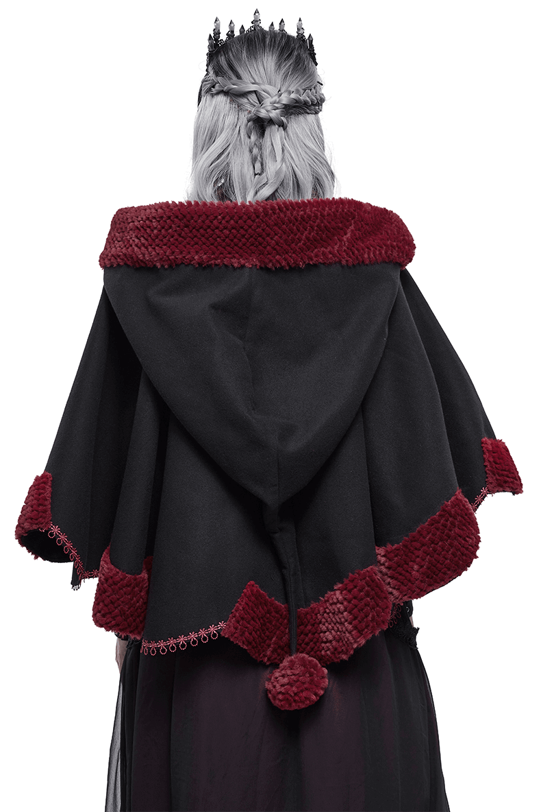 Back view of a black gothic cape with red pompons and trim, perfect for a stylish gothic wardrobe.