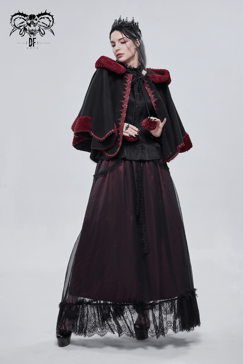 Gothic floral embroidered short cape with pompons and red accents, perfect for a gothic wardrobe upgrade.