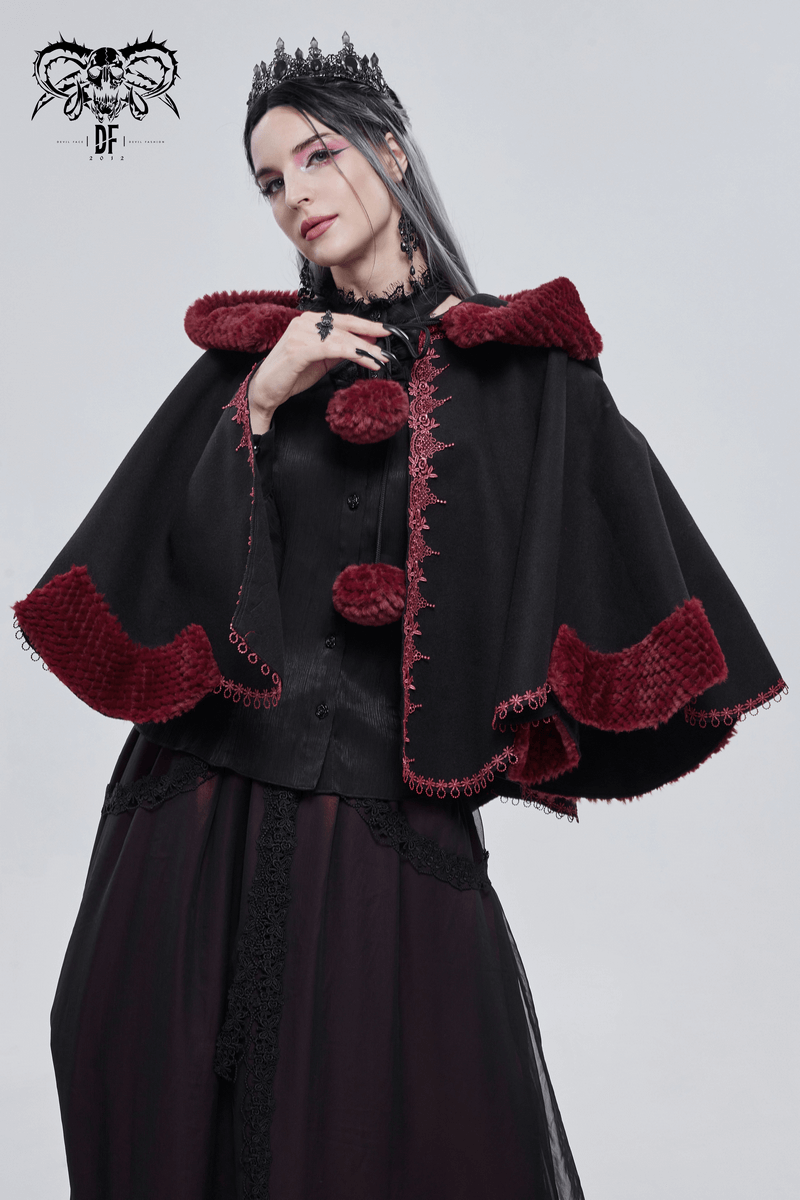 Gothic floral embroidered black cape with red pompons, stylish women's hooded design for a vintage gothic look.