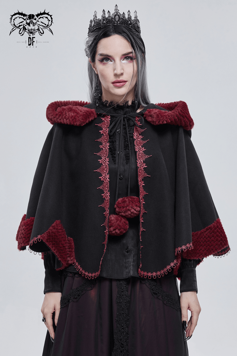 Gothic floral embroidered black cape with red pompons, stylish women's hooded cape, perfect for gothic wardrobe.