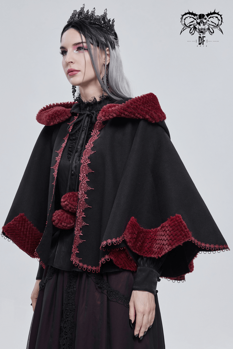 Gothic floral embroidered black cape with red pompons, featuring a stylish vintage design and hood.
