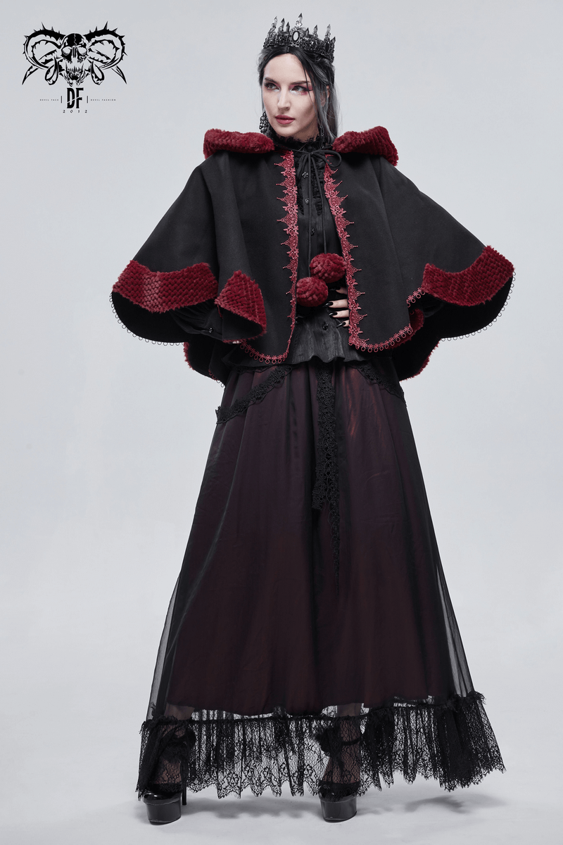 Gothic black cape with red pompons, vintage design, perfect for a stylish gothic wardrobe.