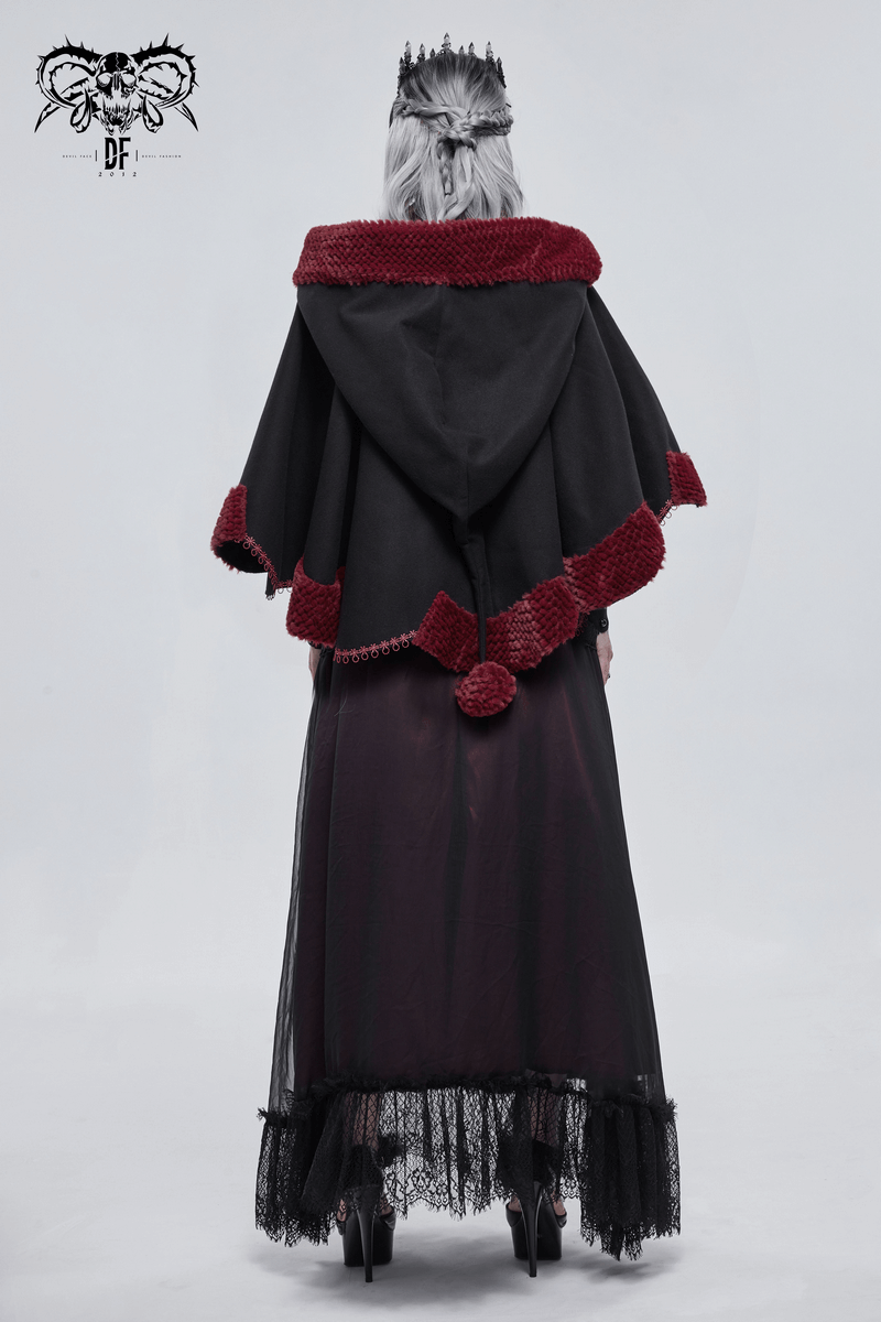 Women’s gothic black cape with red pompons, featuring a stylish vintage design and hood.