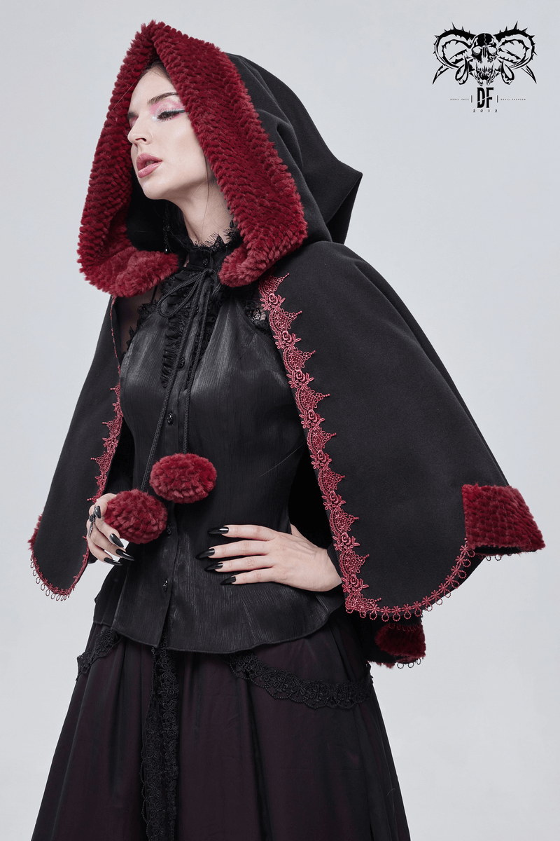 Gothic floral embroidered short black cape with hood and red pompons, perfect for a stylish gothic wardrobe.
