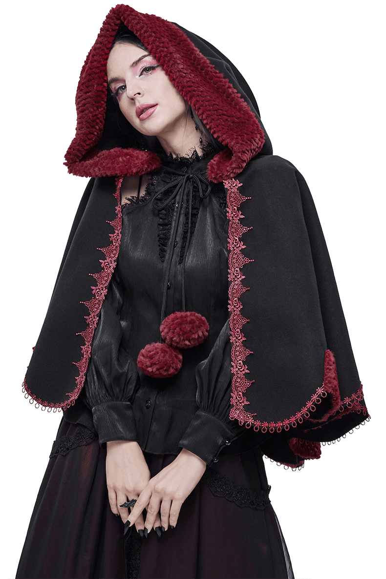 Gothic floral embroidered black cape with red pompons and vintage design, perfect for a stylish gothic look.