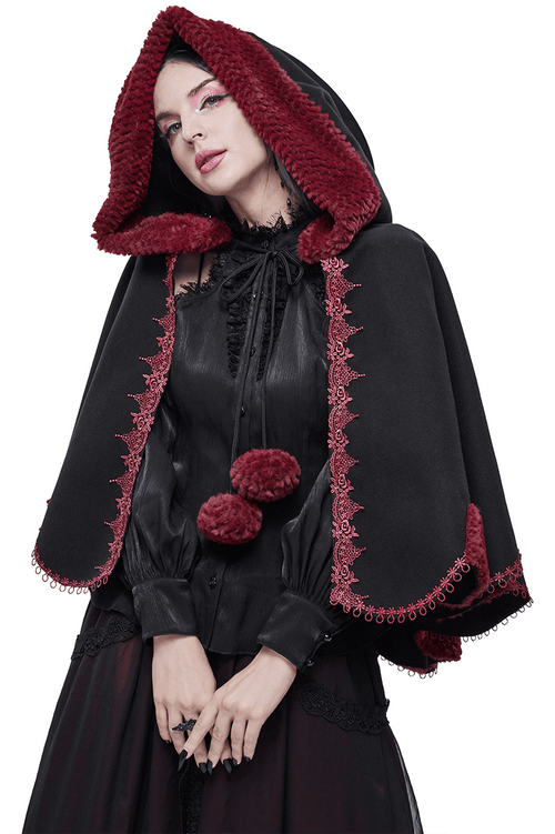 Gotischer, floral bestickter Splice-Umhang mit Pompons / Schwarzer kurzer Umhang mit roter Guipure