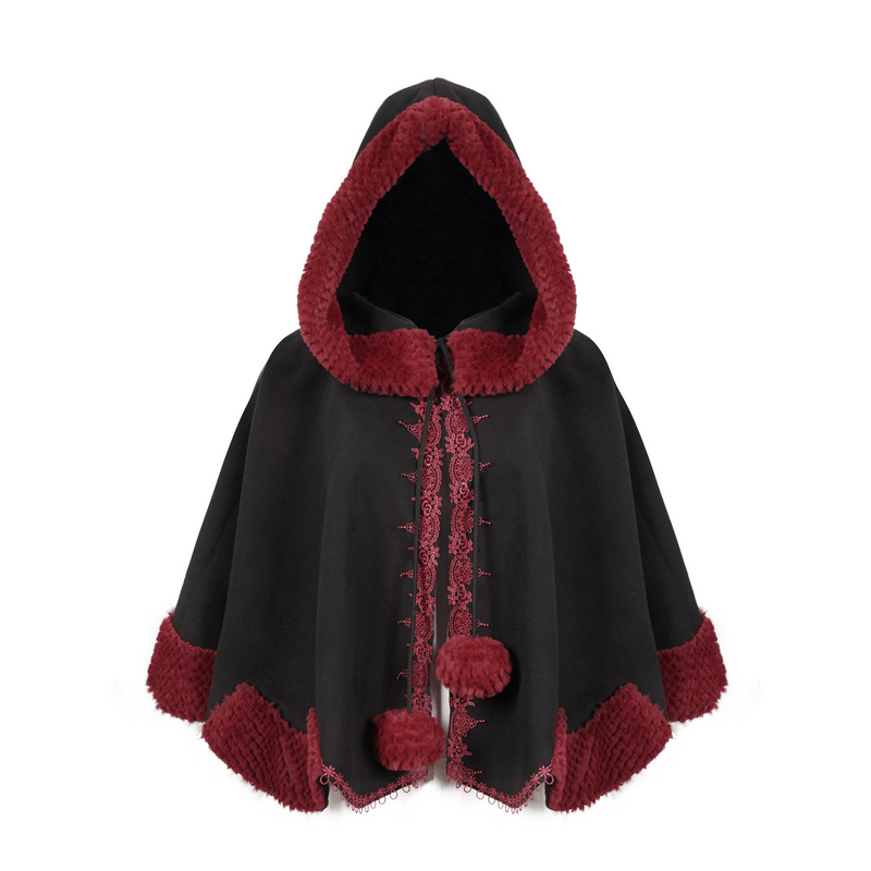 Gothic floral embroidered black cape with hood and red pompons, perfect for a stylish gothic wardrobe.