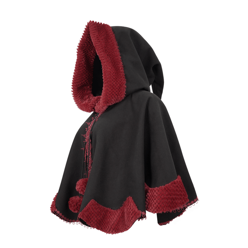 Gothic Floral Embroidered Splice Cape with Pompons / Black Short Cape with Red Guipure - HARD'N'HEAVY