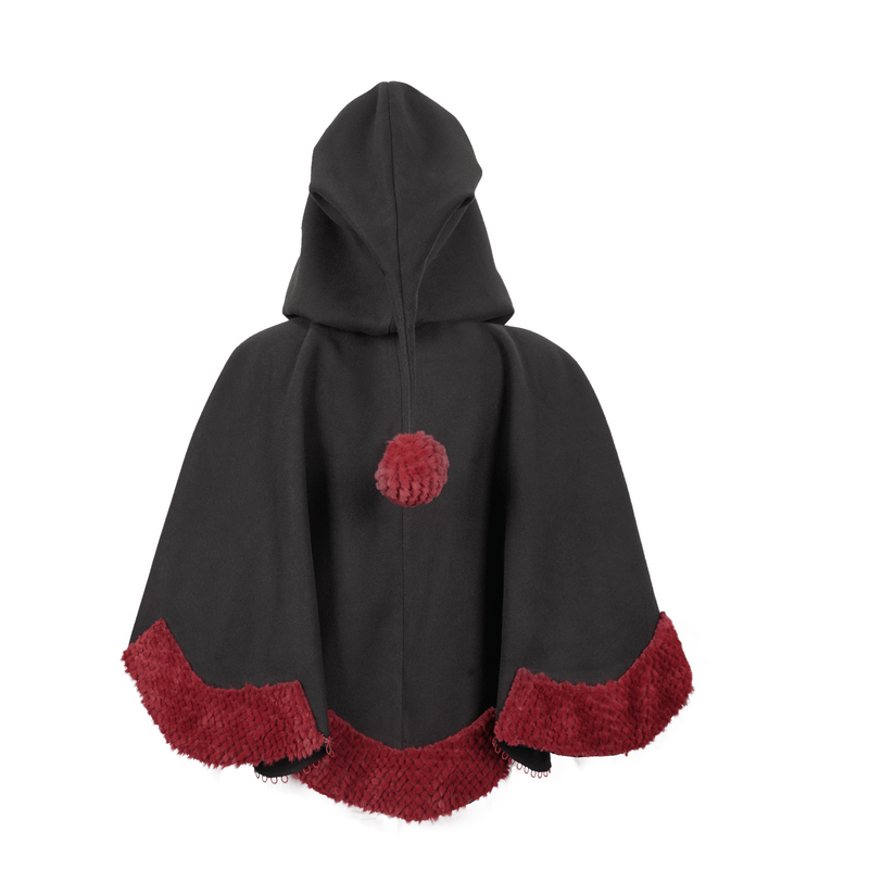 Back view of a women's black hooded cape with red pompons and gothic floral embroidery details.