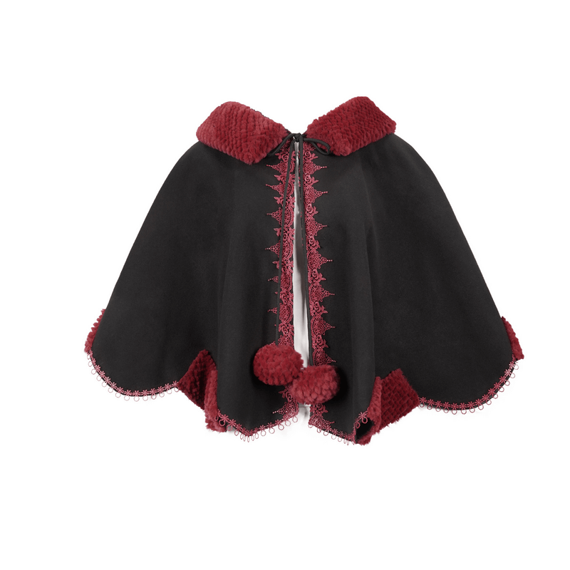 Black gothic cape with red pompons and guipure trim, perfect for stylish women's gothic wardrobe.