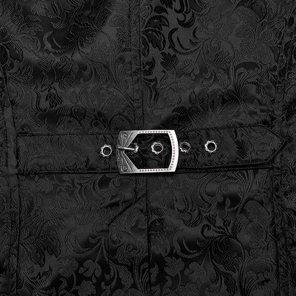 Elegant black jacquard fabric detail with silver buckle on Gothic floral waistcoat for men.