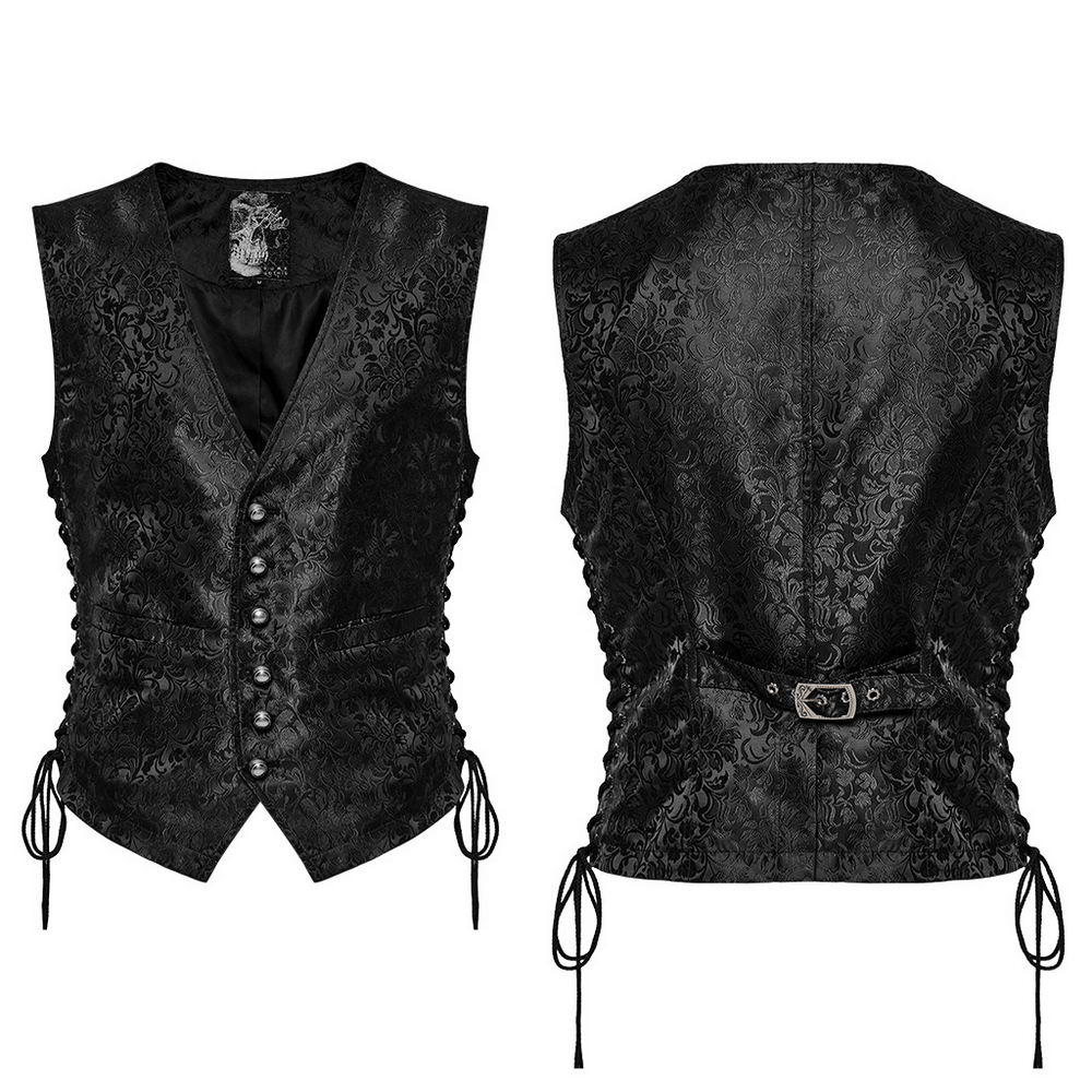 Gothic floral jacquard waistcoat with lacing, featuring a sleek slim fit and elegant button details.