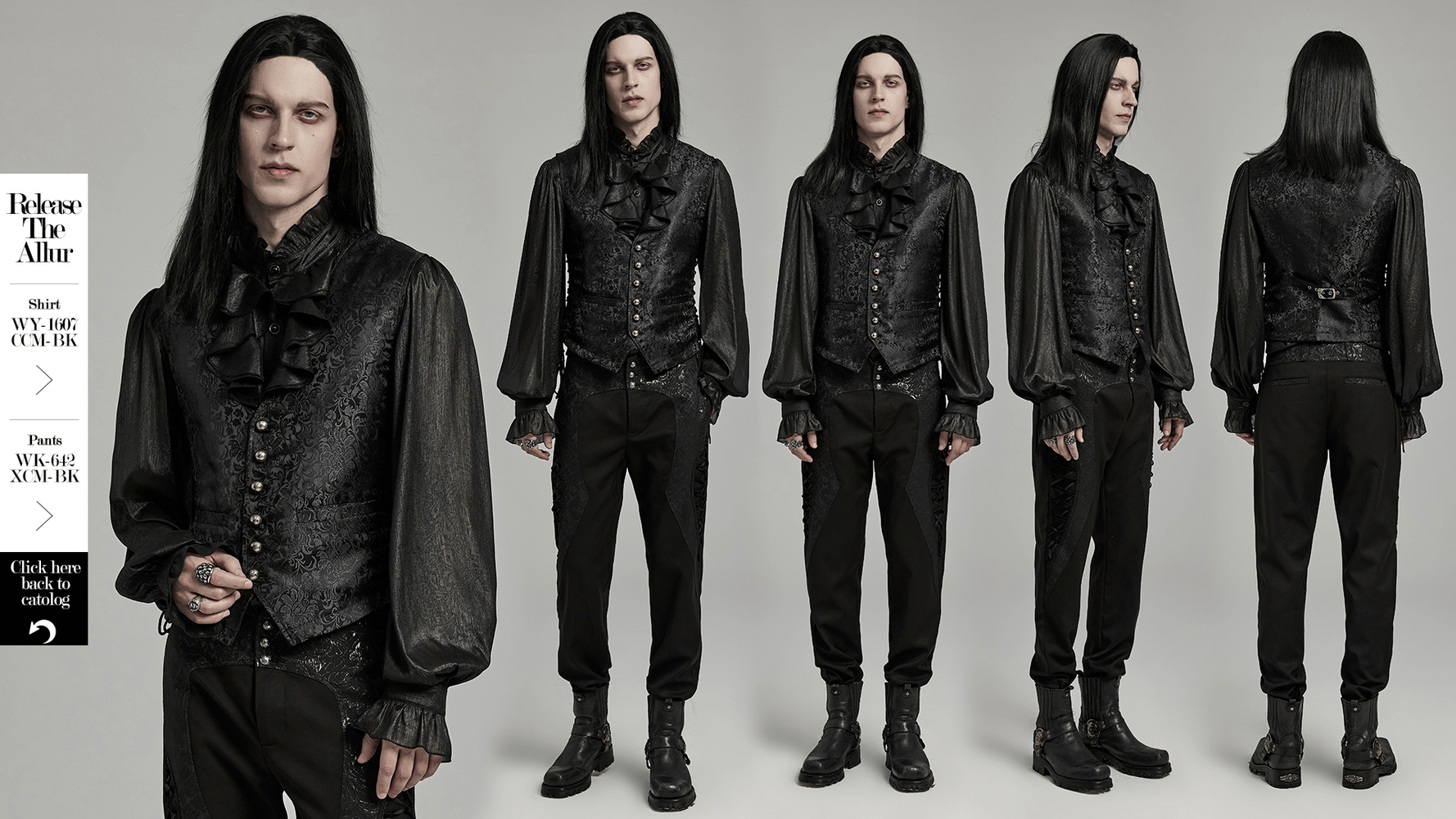 Gothic floral jacquard waistcoat with lacing on sides showcasing Victorian-inspired design and elegant silhouette.