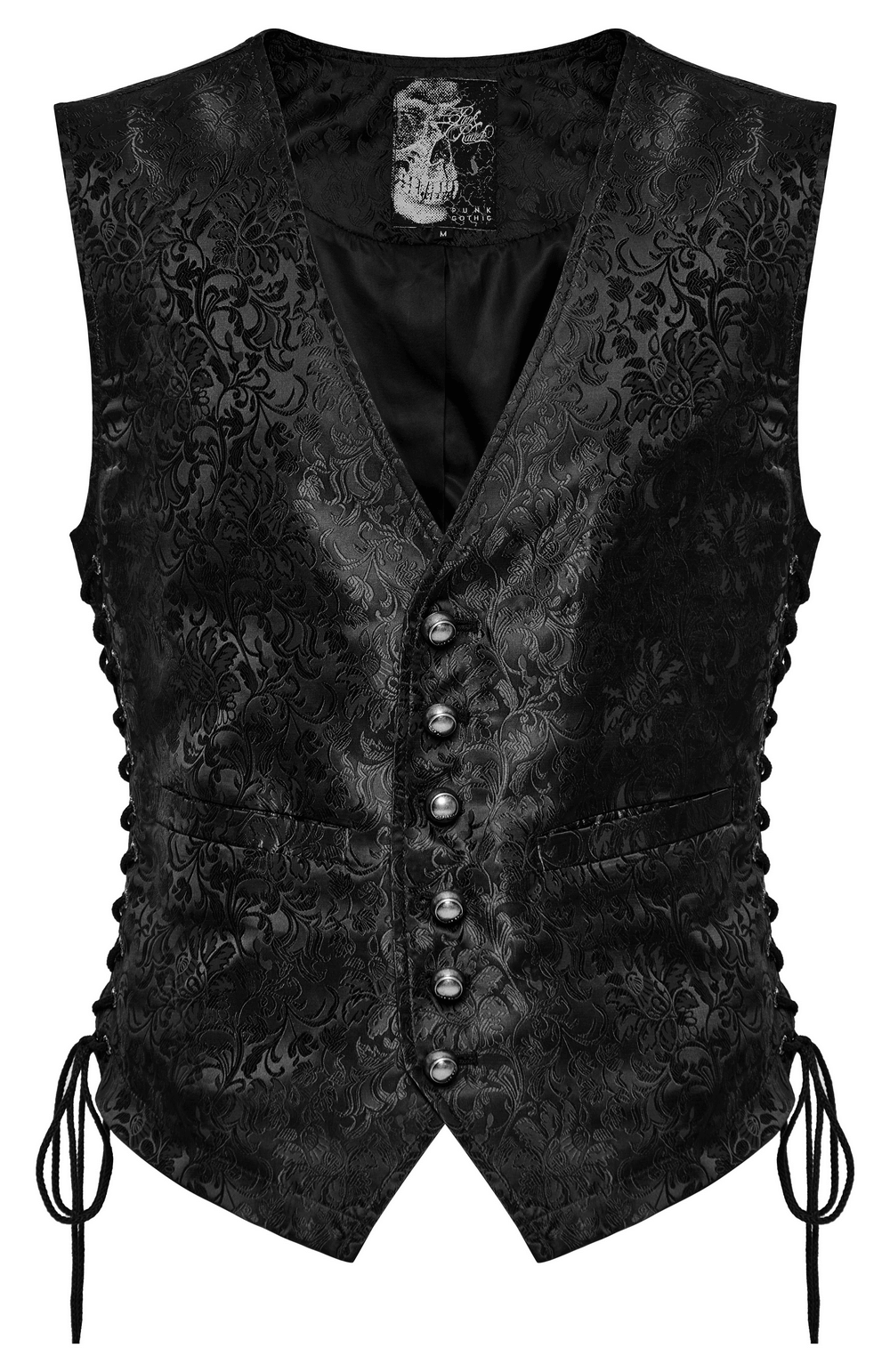 Gothic floral jacquard waistcoat for men with side lacing and elegant button details.