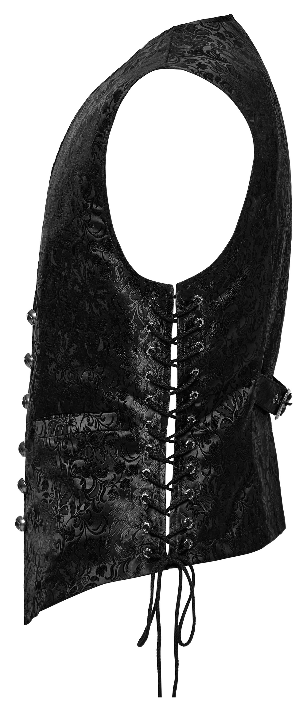 Gothic floral jacquard waistcoat with side lacing, featuring intricate patterns and a sleek silhouette.